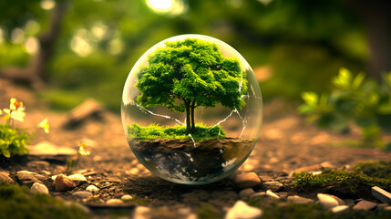 glass globe ball with tree growing and green nature blur background, generative ai