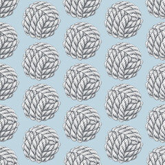 Seamless pattern of knotted ropes cords monkey fist knot ball Nautical thread whipcord with loops and noose, braided, spiral fiber graphic. Illustration hand drawn diagonal on light background