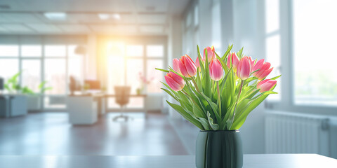 Tulips against renovated modern office space with panoramic windows. Natural light casts soft glow...