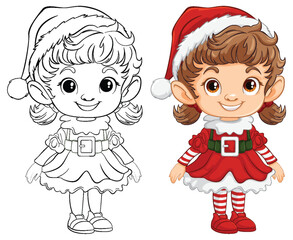 Colorful and black-and-white Christmas girl vector.