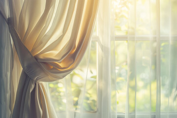 Room windows with white tulle and beige curtains closeup. Soft ethereal ambiance that bathes room in gentle light. Tranquil sanctuary