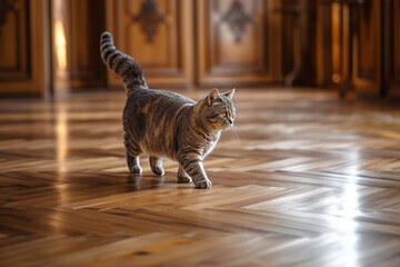 Purebred cat stands on parquet in house after renovation. Cat explores domain with sense of wonder and excitement eager to discover every nook and cranny - obrazy, fototapety, plakaty