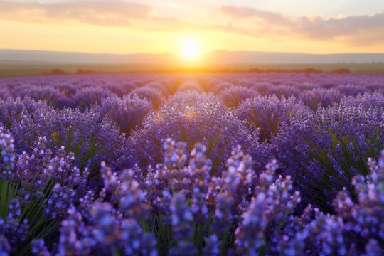 A field of lavender with a sunset backdrop, creating a tranquil and aromatic nature landscape