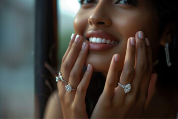 a model watching from window and her hands are out, ahe wore diamond ring on middle finger and oval shape diamond solitaire engagement ring on index finger she smiling - obrazy, fototapety, plakaty