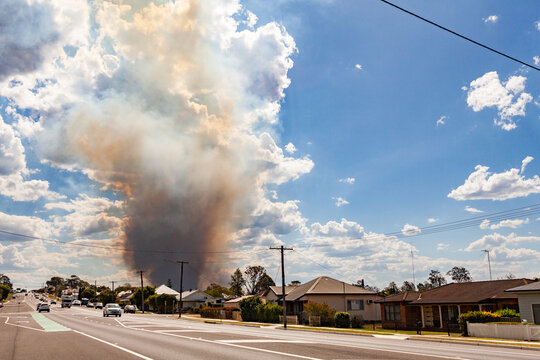 Bushfire smoke billowing into sky behind houses along main street of country town in Hunter Valley