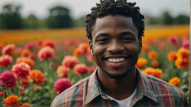 Young Handsome Black African Man Farmer In A Colorful Flower Farm Smiling Looking At The Camera From Generative AI