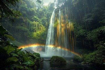 Fototapeta na wymiar A rainbow over a waterfall in a lush rainforest, vibrant and lively nature landscape