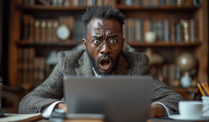 African American Business Man Screaming While Looking at a Laptop extreme closeup. Generative AI