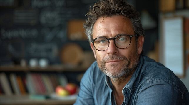 Portrait of a teacher with glasses in a school classroom in the background with students' desks, blackboard, apples and school supplies. Healthy school environment, teacher's day and primary educatio