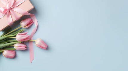 Obraz premium Mother's Day decorations concept. Top view photo of blue giftbox with ribbon bow and bouquet of pink tulips on isolated pastel pink background with copyspace