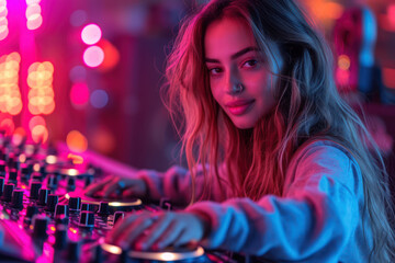 World DJ Day Concept. DJ Playing Music in the Night Club extreme closeup. Generative AI