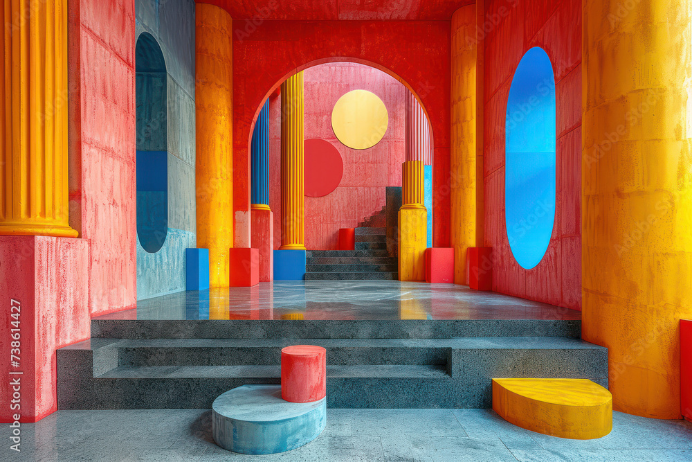 Poster multicolored abstract interior of a room with walls, stairs and openings in the form of geometric sh