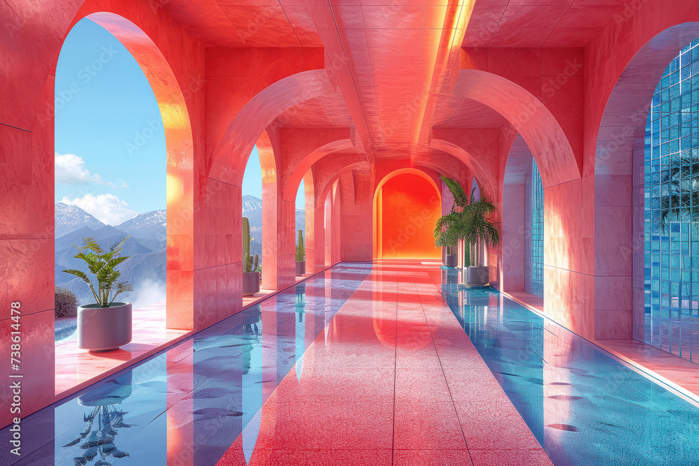 Aufkleber multicolored abstract interior of a room with walls, stairs and openings in the form of geometric sh