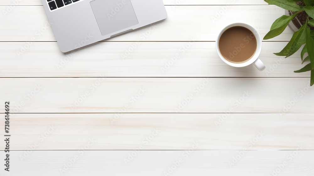 Poster office table with notepad, computer and coffee cup. view from above with copy space