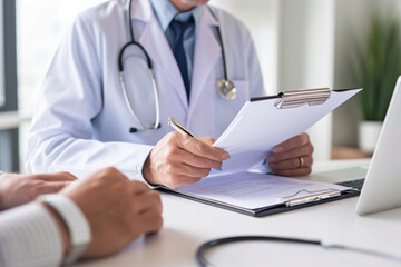 Two Doctors Discussing Patient Cases at a Table With Papers and a Laptop