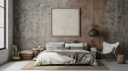 Minimalist Bedroom Interior with Eye-Catching Art Above Bed AI Generated.