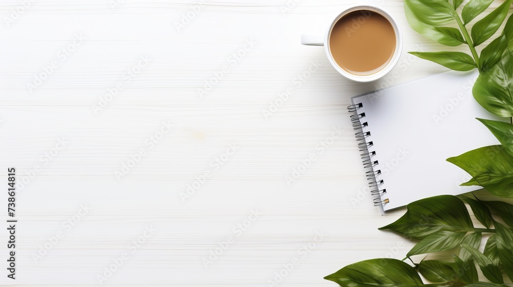 Poster office table with notepad, computer and coffee cup. view from above with copy space