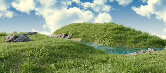 Serene river flowing through a lush green landscape. 3D render.	
