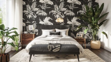 Stylish Minimalist Bedroom with Bold Wallpaper AI Generated.