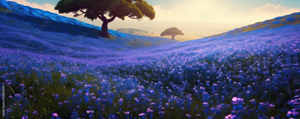 Poster Nature's beauty unfolds: a purple flower field framed by towering mountains.