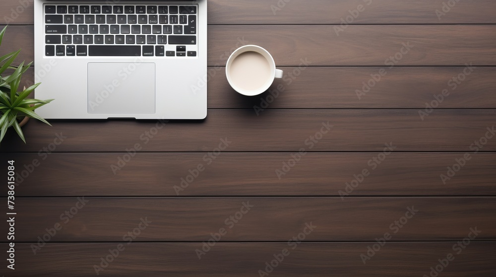 Poster office table with notepad, computer and coffee cup. view from above with copy space