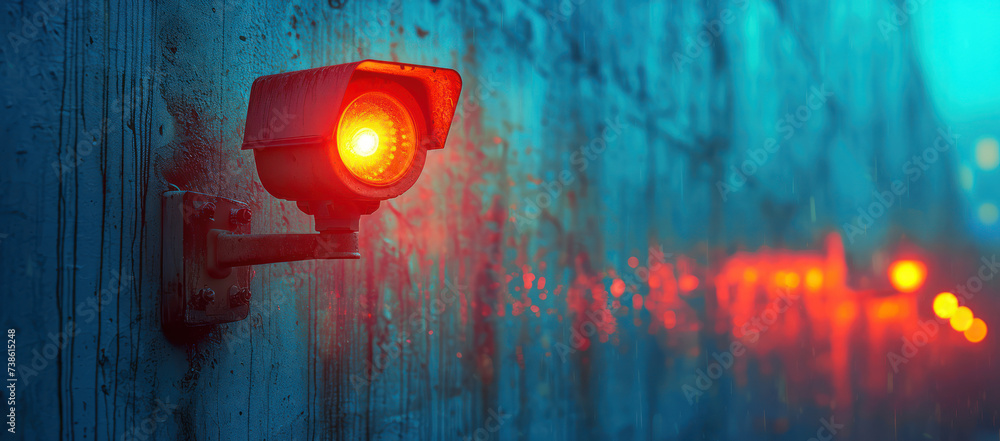 Poster security camera with infrared light on the side of a building extreme closeup. generative ai