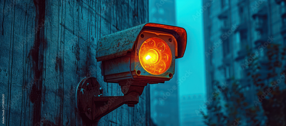 Poster security camera with infrared light on the side of a building extreme closeup. generative ai
