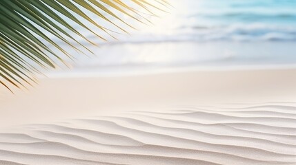 Fototapeta na wymiar Palm leaf shadow on abstract white sand beach background, sun lights on water surface, beautiful abstract background concept banner for summer vacation at the beach