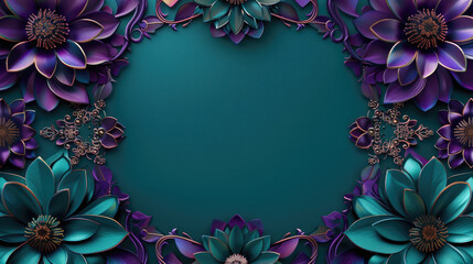 teal green and deep purple 3d mandala border frame wall, luxurious yet modern for any occasion use, ceiling wall interior, podium background wall interior or exterior design