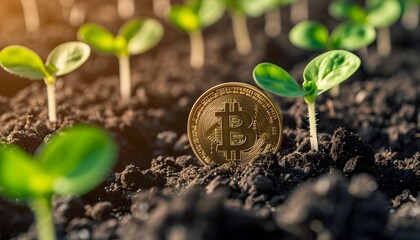 bitcoin exponential growth seedling sprouting concept prosperity abundance wealth money freedom  - obrazy, fototapety, plakaty