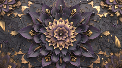 3D flower background with ornament, decorated with golden brass color, makes it look luxurious; mandala 3D wall interior decoration; Diwali flower theme decoration; feel of timeless appeal,  - obrazy, fototapety, plakaty