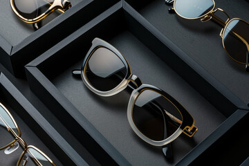 Several Pairs of Sunglasses in a Black Box