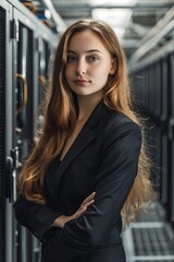 Business woman in a computer server room 