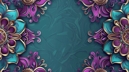 teal green and deep purple 3d mandala border frame wall, luxurious yet modern for any occasion use, ceiling wall interior, podium background wall interior or exterior design