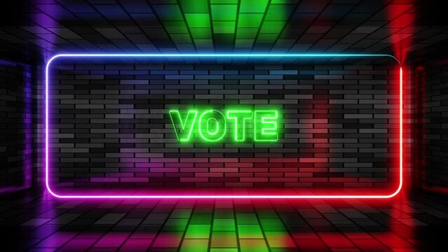 Neon sign vote in speech bubble frame on brick wall background 3d render. Light banner on the wall background. Vote loop make election choice, design template, night neon signboard