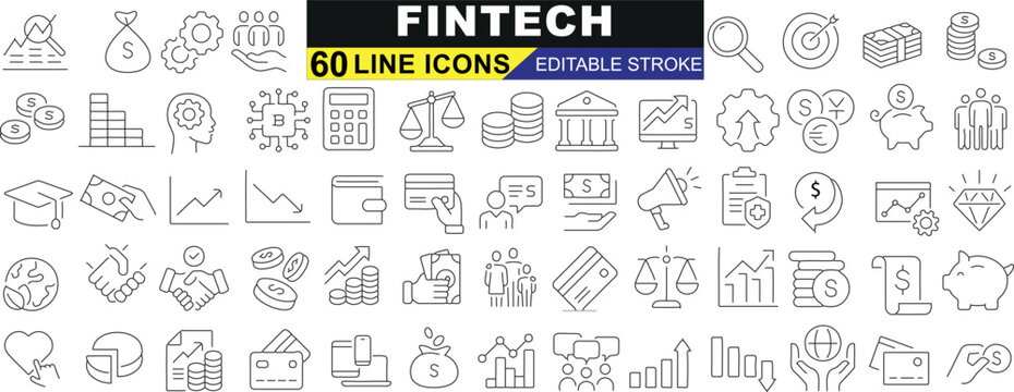 fintech line icon set, featuring bank, money, blockchain, investment strategies, technology, security. Ideal for web, app, finance related content