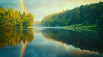 Reflection of a radiant rainbow in a serene lake, with a backdrop of autumnal forest and misty mountains - obrazy, fototapety, plakaty