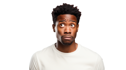 Portrait of a Puzzled African Male, Expressing Confusion and Contemplation, Symbolizing Human Dilemma and Inner Thought, Generative Ai