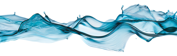 Horizontal undulating water flow with light splashes. Isolated on a transparent background