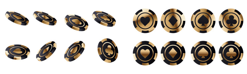 3d golden casino club poker chip rotation vector. Realistic isolated gold and black metal luxury blackjack symbol animation