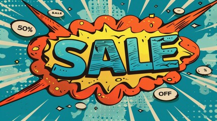 Comic lettering: 50 percent off promotion SALE in the speech bubble comic style