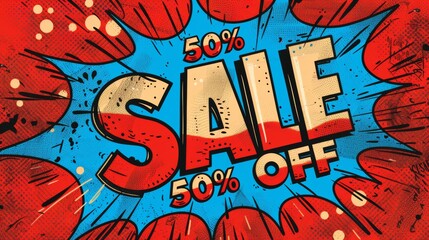 Comic lettering: 50 percent off promotion SALE in the speech bubble comic style