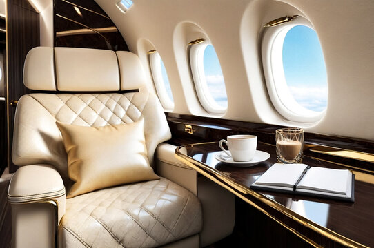 Luxury decor salon private jet with laptop, diary, coffee mug on table. Comfortable chic vip business airplane interior, at highest. Quality service in aviation industry concept. Copy ad text space