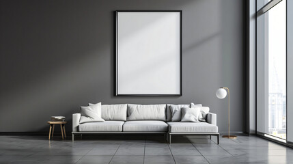 Gray living room interior with couch and poster