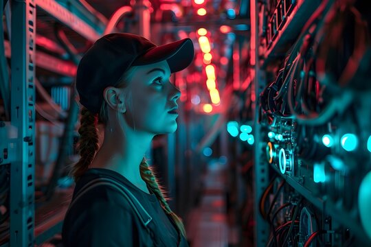 woman working in a computer server room bitcoin mining farm warehouse  - Powered by Adobe