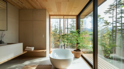 Minimalist Bathroom with Floor-to-Ceiling Windows and Standalone Bathtub in Natural Light.
