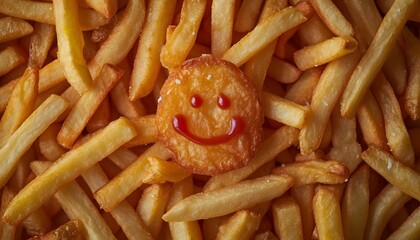 french fries with ketchup smiley face on chicken nugget 