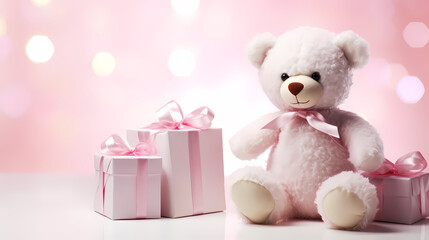 Toy teddy bear sitting on bokeh background