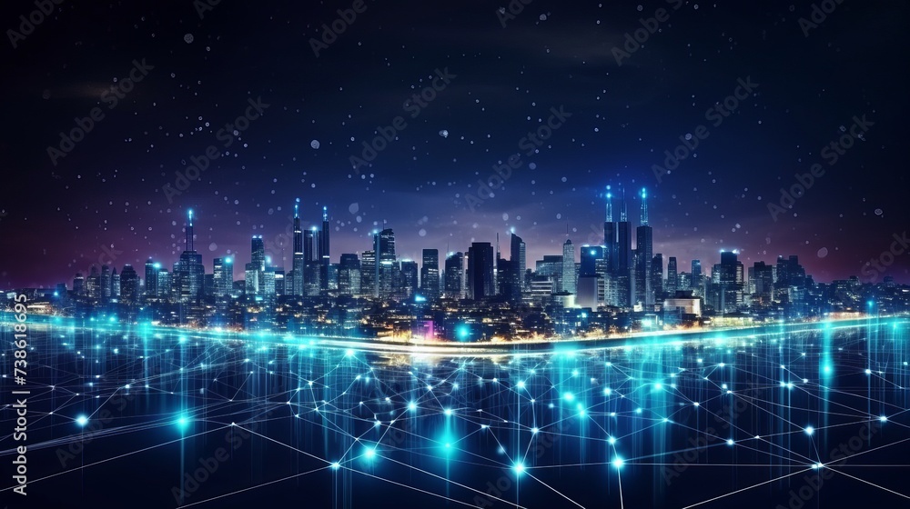 Poster smart city and abstract dot point connect with gradient line and aesthetic intricate wave line desig
