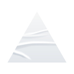 Crumpled white paper triangle sticker vector illustration. Wrinkled glued label triangle shape. Realistic isolated mock up of badge